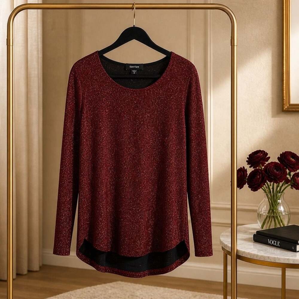 Karen Kane Women's Long Sleeve Glitter Sparkle Tunic Top with Curved Hem